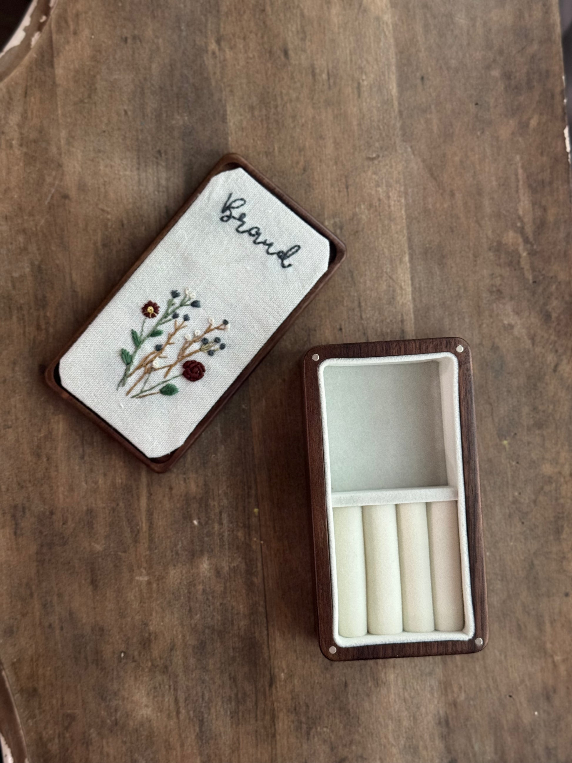 Hand embroidered floral walnut jewelry box with custom name – personalized wedding keepsake.